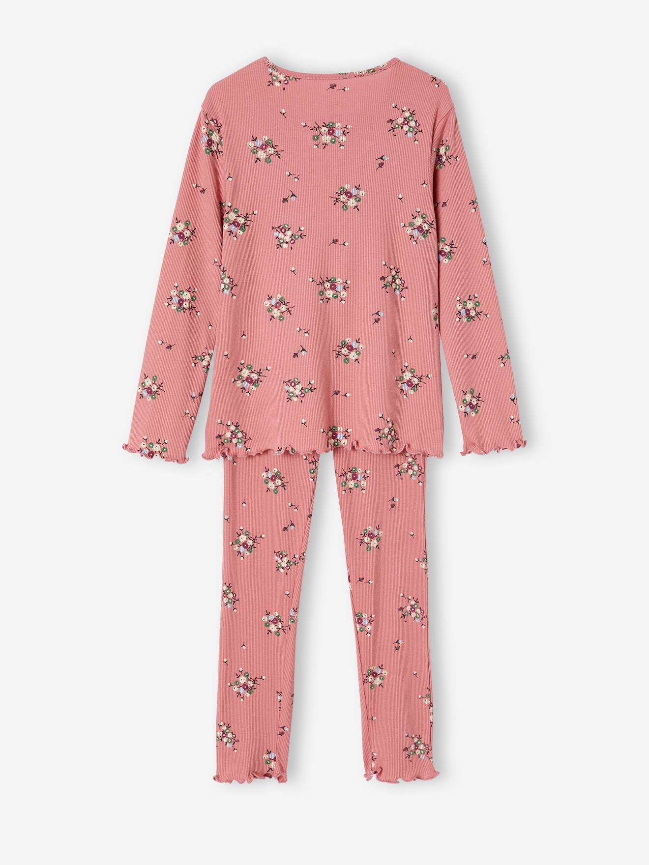 Pijama floral canelado rosa para meninas