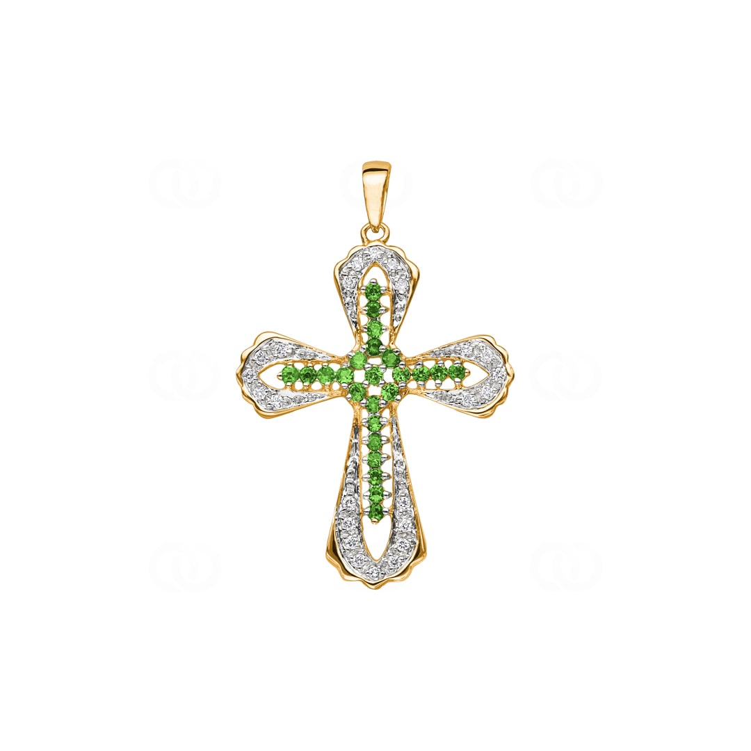 Kreuzanhänger 750/18 K Gelbgold mit grünen Granaten & Diamanten 0.15 ct H/si