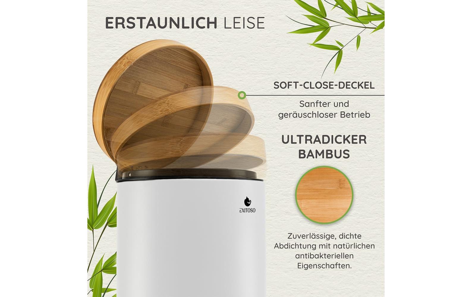 Tretmülleimer mit Softclose-Deckel 5 l, WeissAbfalleimer aus Bambus