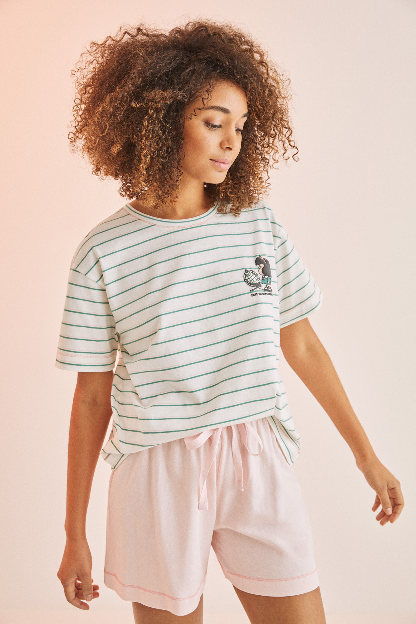 Pijama curto listrado rosa Mafalda - branco