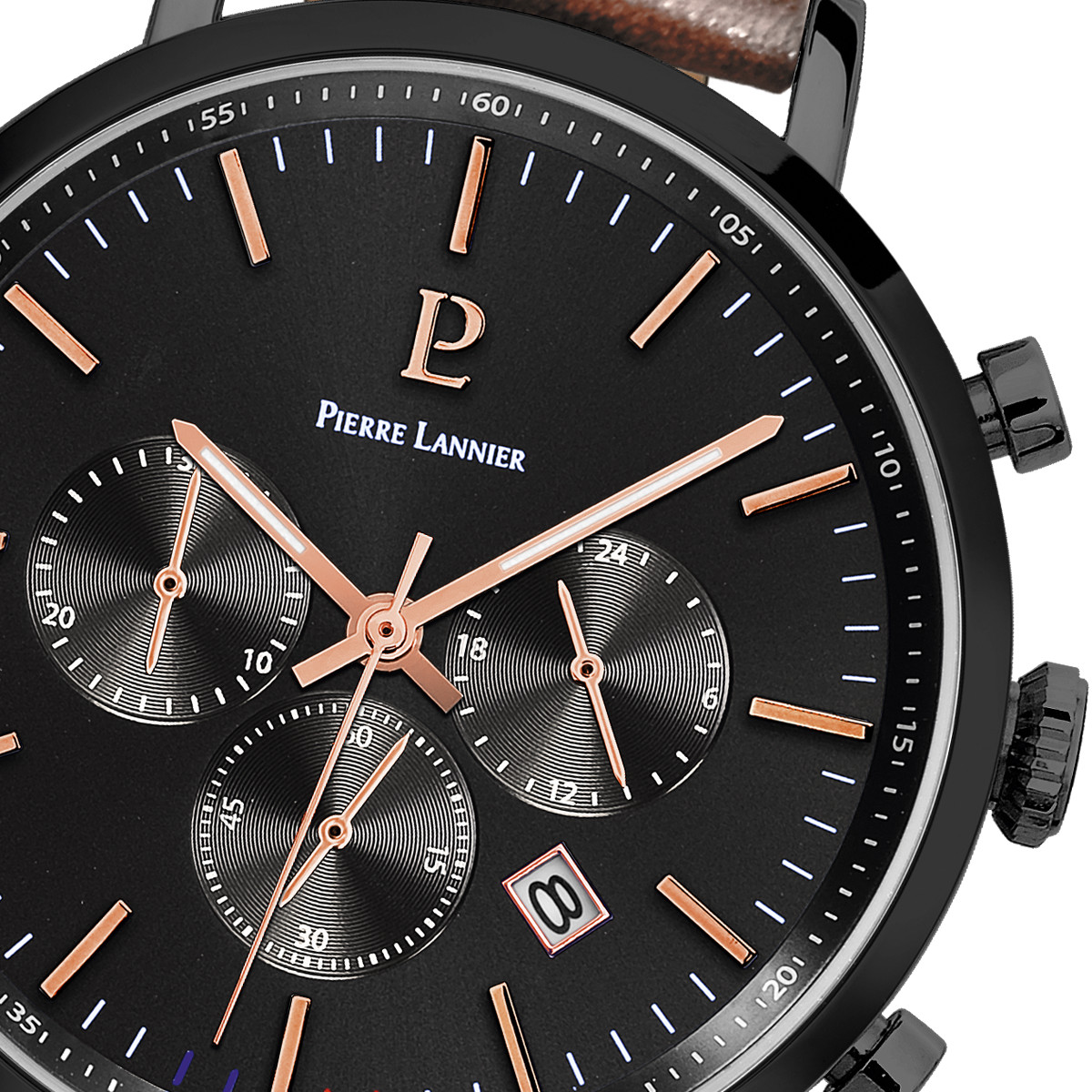 Montre Pierre Lannier homme acier noir bracelet cuir marron