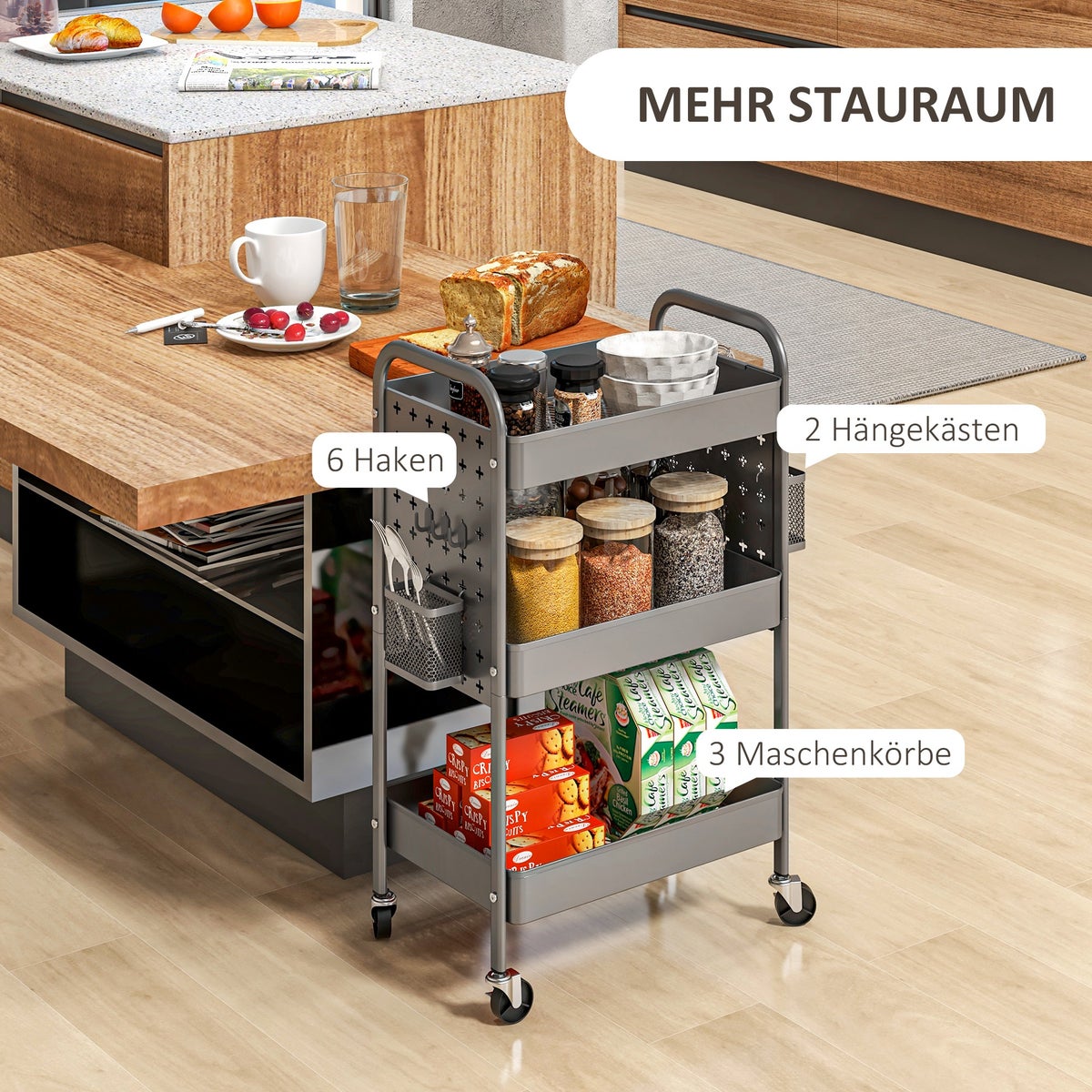 HOMCOM Rolwagen, Serveerwagen met 3 Planken, 2 Hangmanden, Opbergwagen met Handvat, Keukenwagen, Bijzettafel voor Keuken, Woonkamer, Staal, Donkergrijs