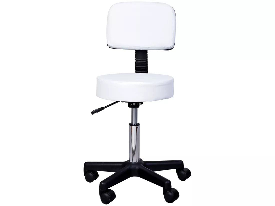 Tabouret massage à roulettes réglable en hauteur pivotant avec dossier ergonomique blanc