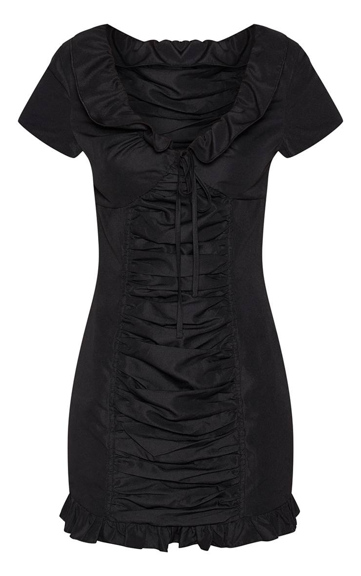 Noir Robe Courte Froncée À Manches Courtes En Tissu Tissé
