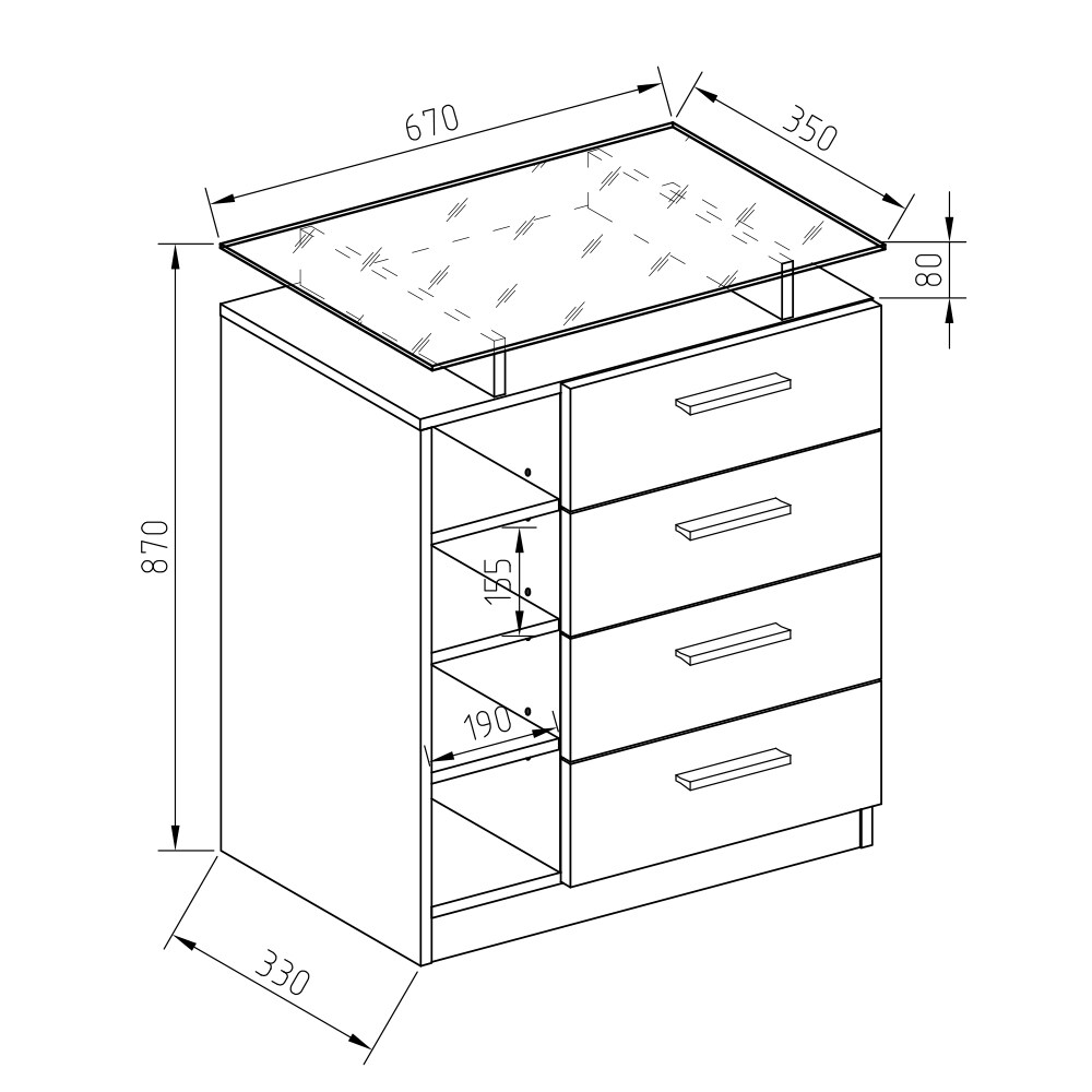 Vicco Kommode Asti 4 Schubladen Highboard LED Beleuchtung Glasablage Anrichte