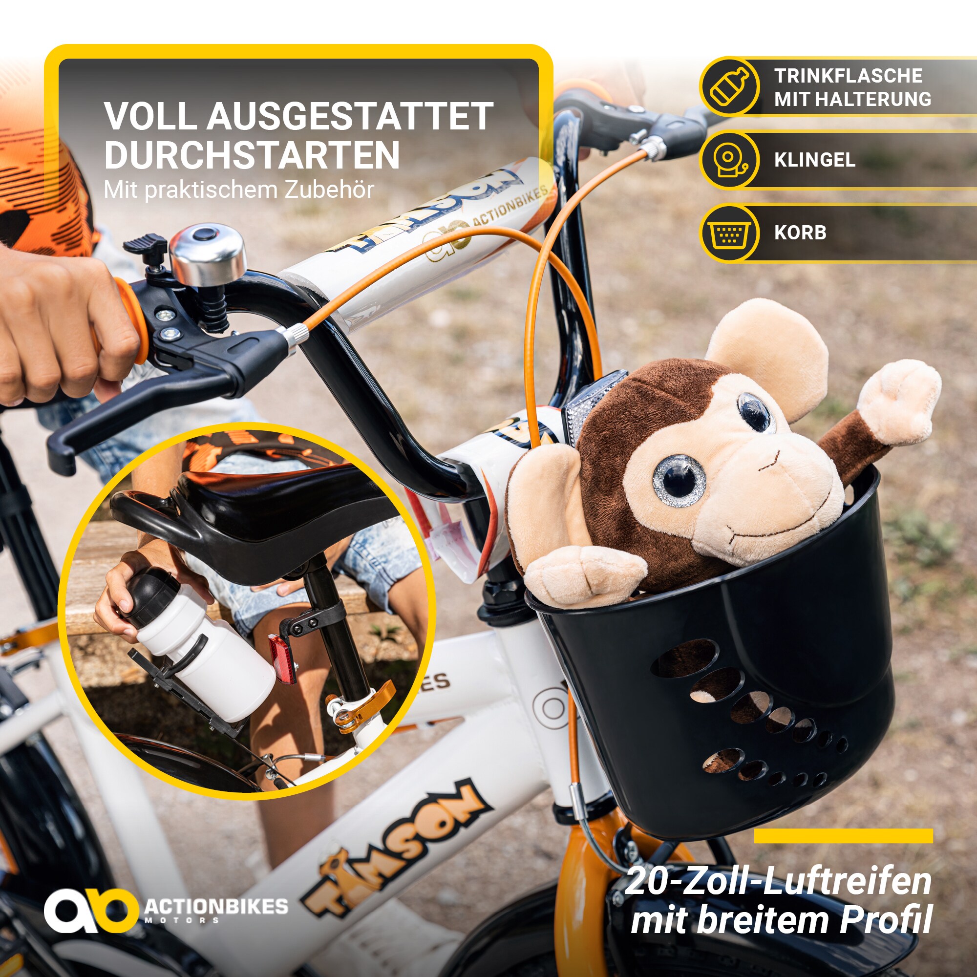 Actionbikes Kinderfahrrad Timson 20 Zoll, V-Brake-Bremsen, höhenverstellbar, Fahrradständer, Korb