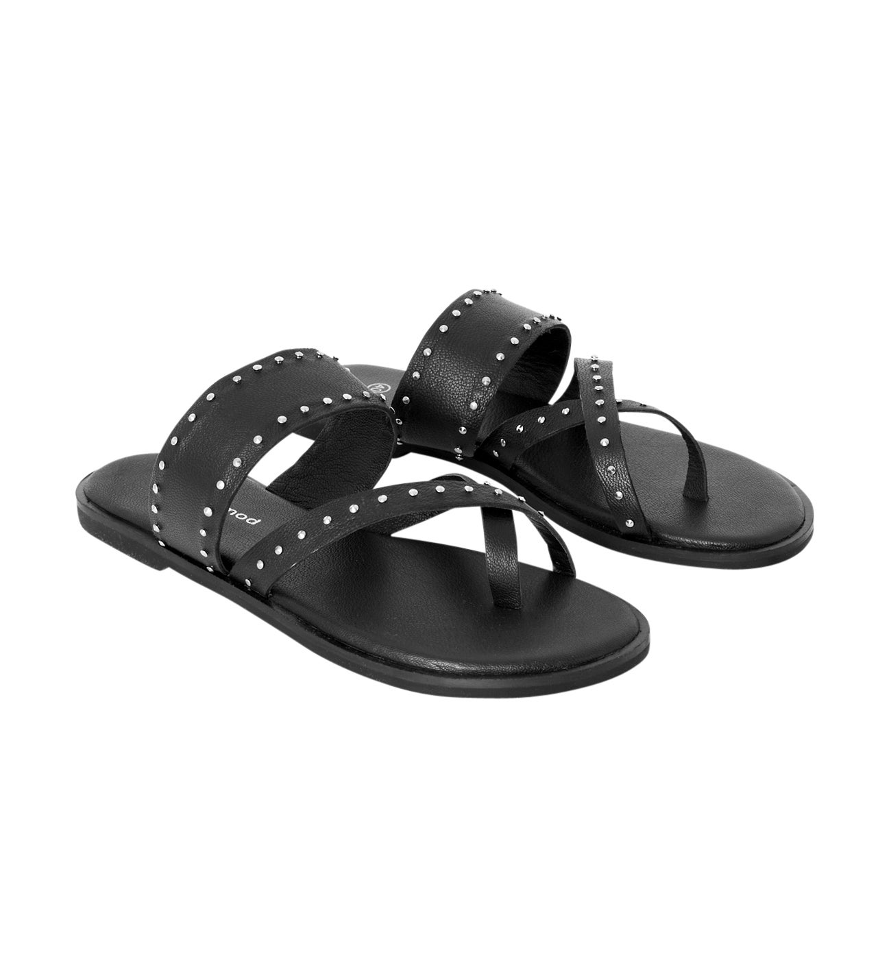 Tong Femme en cuir clouté - Noir