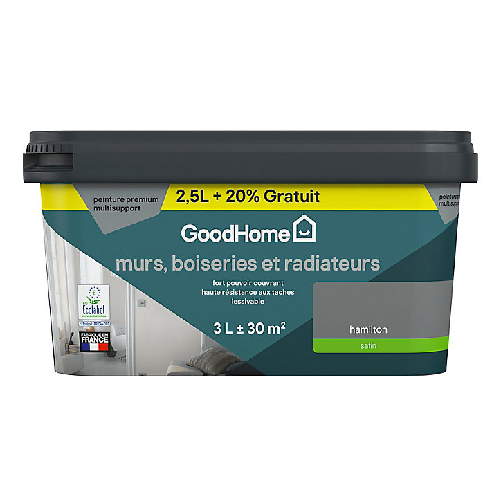 Peinture résistante murs boiseries et métal GoodHome gris Hamilton satin 2,5L +20% gratuit