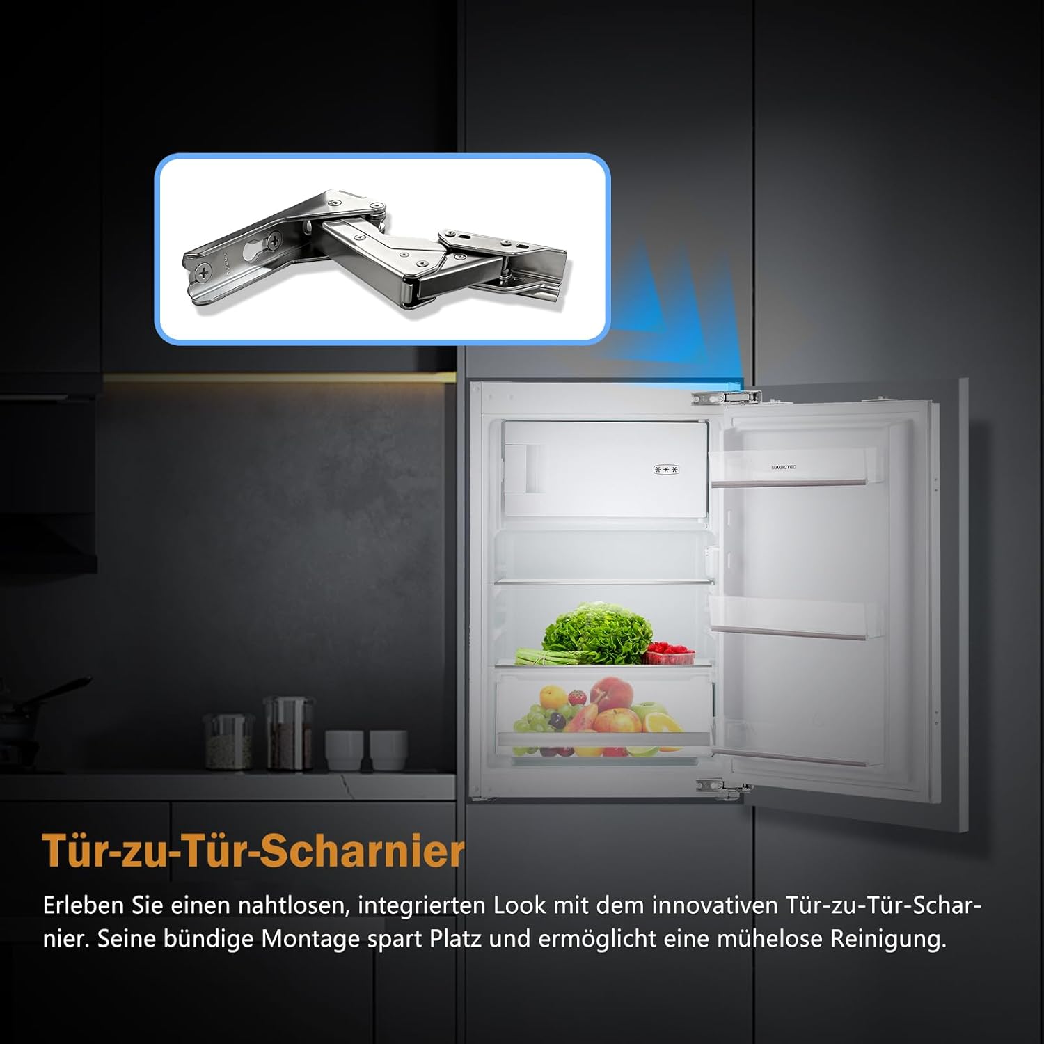 Einbaukühlschrank mit gefrierfach 88cm Einbau kühlschrank 118 L | ( 16L Gefrierfach + 102L Kühlschrank ) | Energieeffizient | Leise | 2 hat,1 schubladen | Einfach zu reinigen | Wechselbaren Türsc
