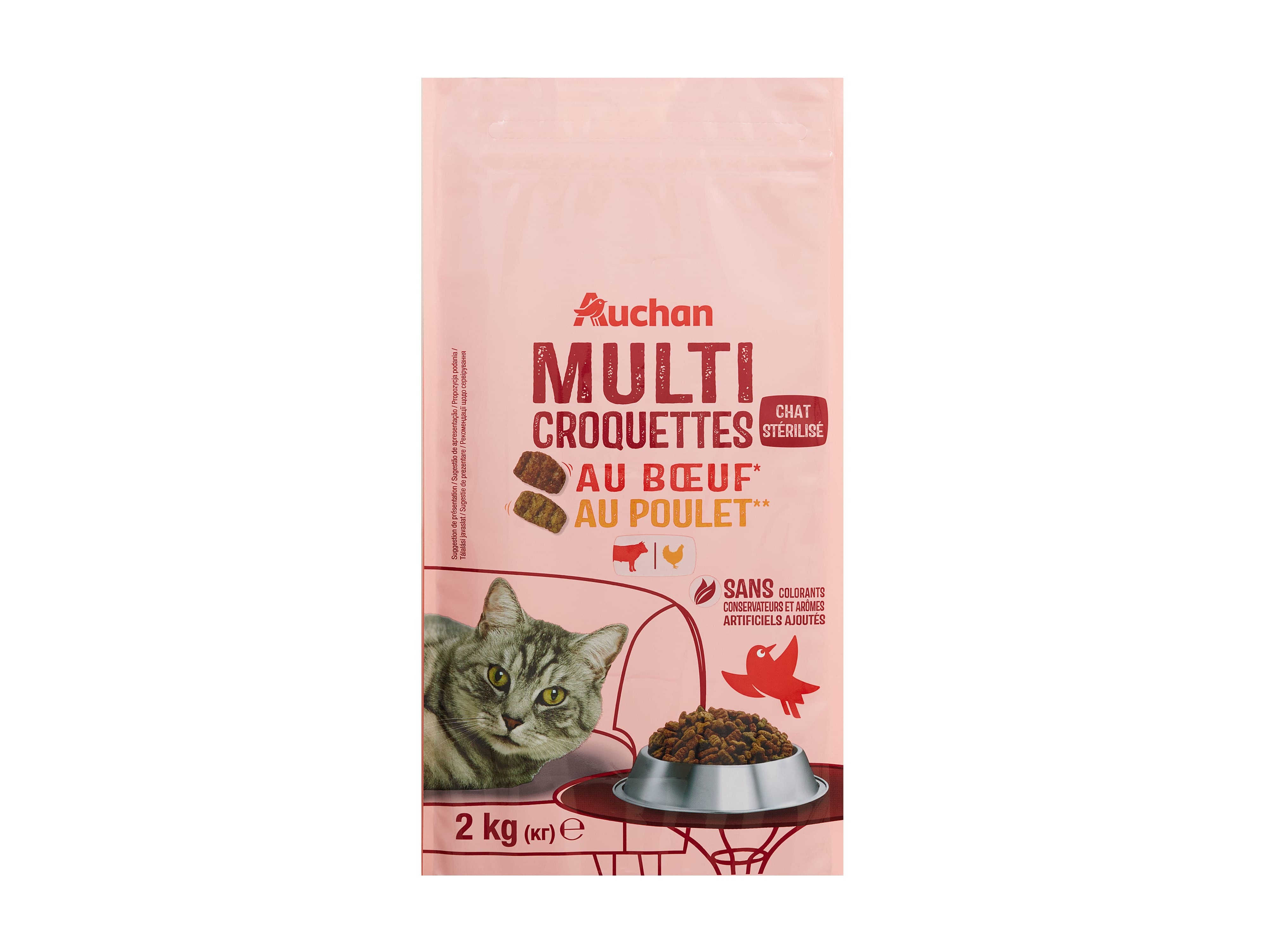 RAÇÃO PARA GATO AUCHAN ESTERILIZADO COM VACA E COM FRANGO 2KG