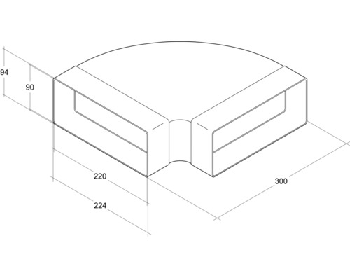 Vlakke kanaalbocht, horizontaal, Rotheigner, wit, 220x90 mm, 90 graden