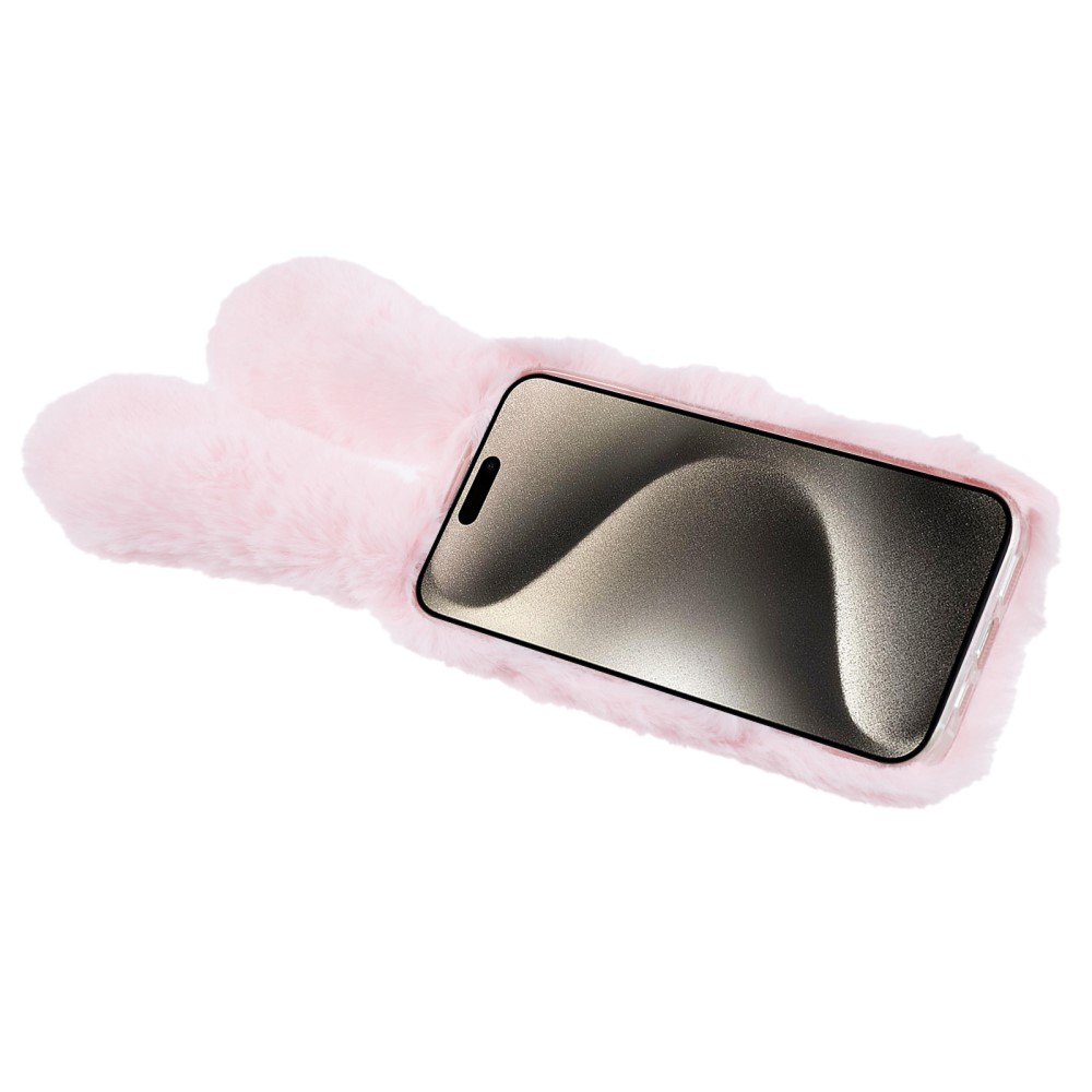 iPhone 15 3D Gummi Plüsch Case Hülle Bunny mit Flauschigen Hasenohren - Rosa