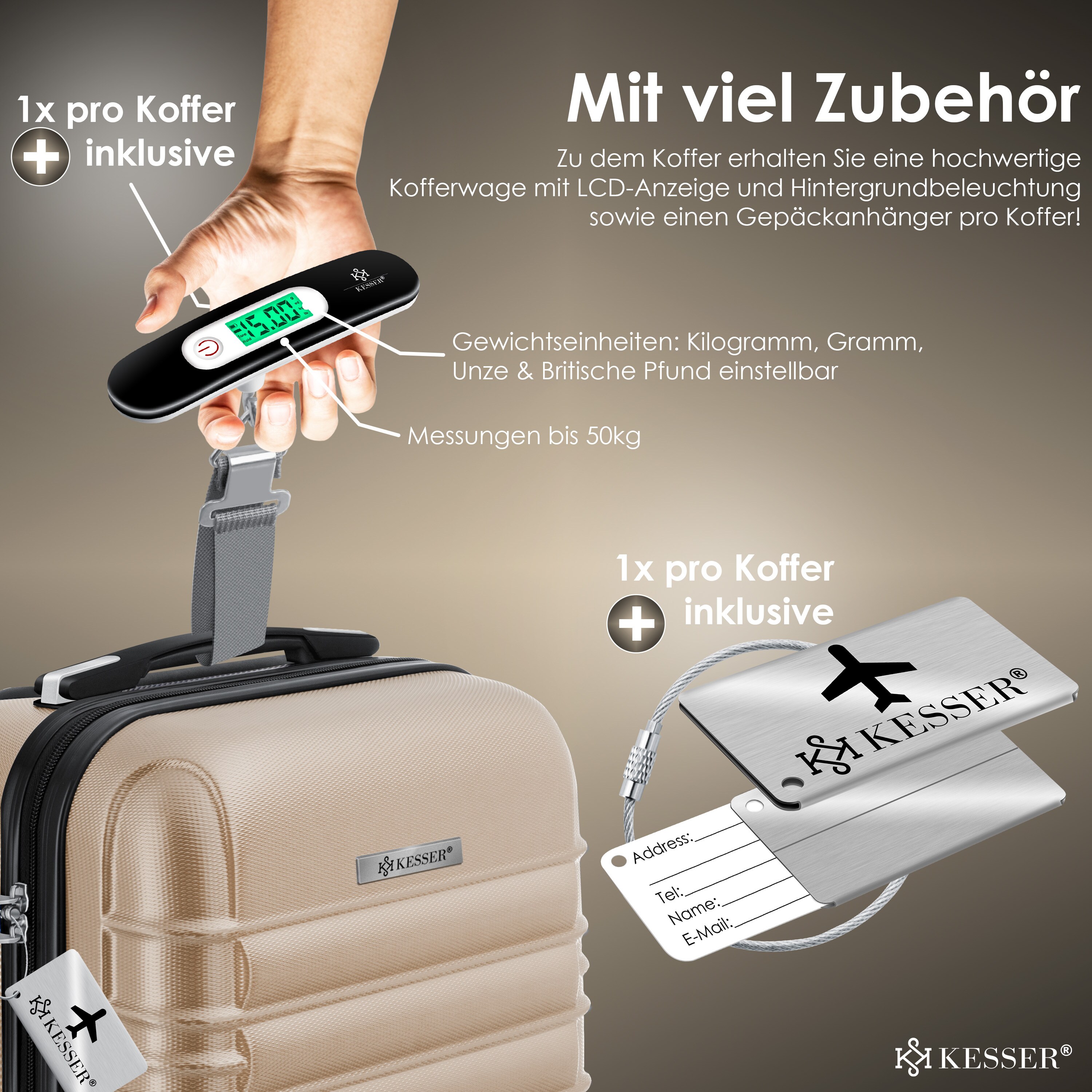 KESSER® Reisekoffer Hartschalen-Koffer Inkl. Kofferwaage + Gepäckanhänger Trolley Gepäck Rollkoffer Zahlenschloss 4 Rollen ABS-Hartschale Teleskopgriff