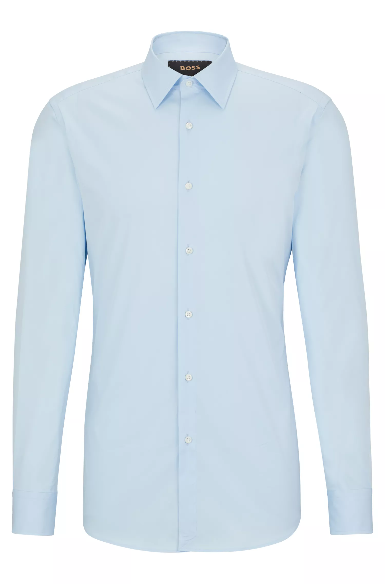 Camisa BOSS cor camelo, corte slim, em popeline de algodão misto com elastano.