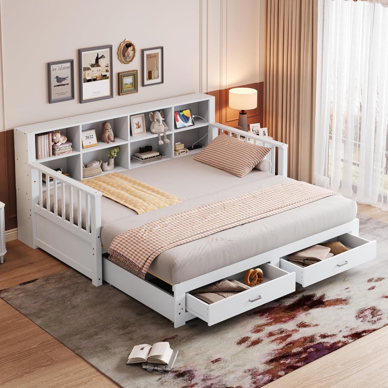 Ausziehbares Massivholz-Schlafsofa 90/180x190 cm, Kinderbett Tagesbett mit 2 Schubladen, Ladesteckdose und Stauschrank, Holzbett Daybett Jugendbett Funktionsbett mit Lattenrost, Ohne Matratze, Weiß