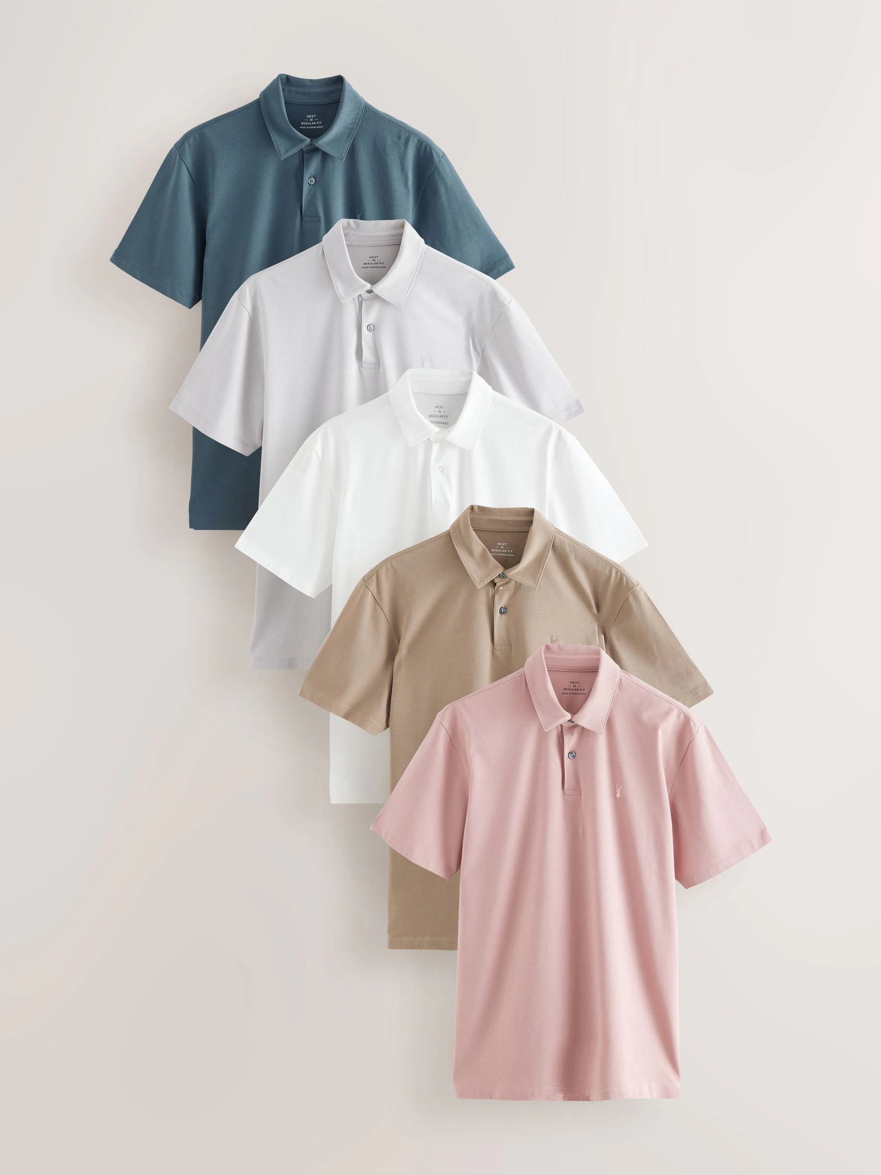 Wit/blauw/naturel/roze/grijs - Normale Pasvorm - Set van 5 jersey poloshirts met korte mouwen