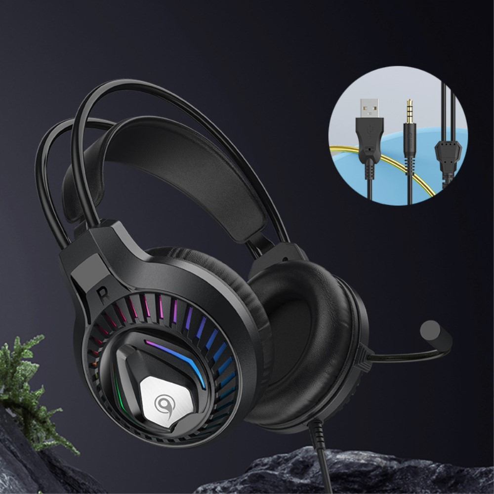 Gaming USB Kopfhörer Over-Ear LED Stereo Headset mit Mikrofon   3.5mm Klinken - Schwarz