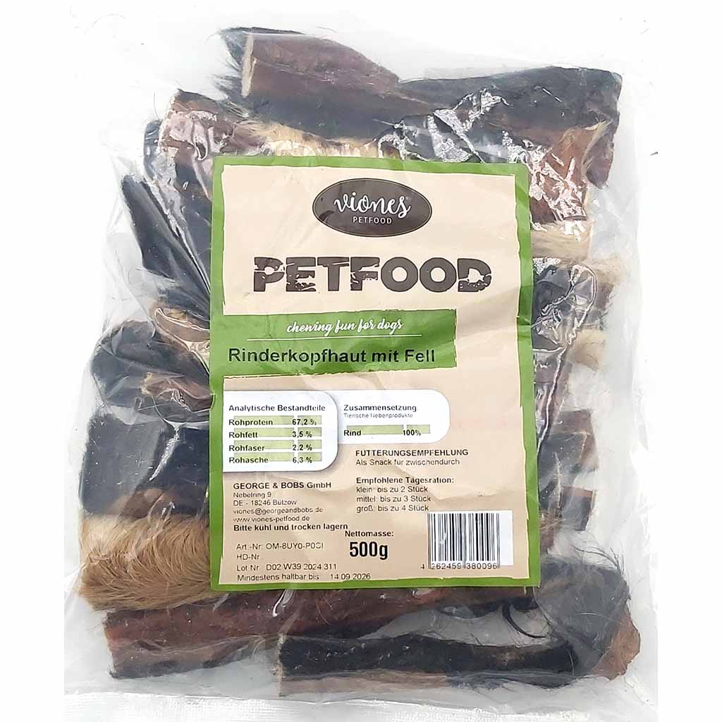 Hundesnack Rinderkopfhaut mit Fell 500 g MHD:14.9.26
