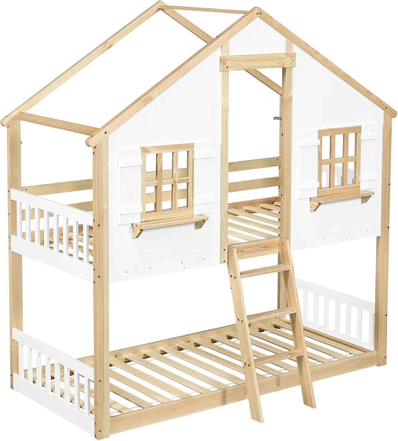 Etagenbett Kinderbett 90x200, Hochbett Hausbett für 2 Kinder, Stockbett mit Leiter&Fenstern&Dach&Regalen, Doppelbett Holzbett Jugendbett mit Lattenrost&Rausfallschutz, Kiefer, Ohne Matratze,Weiß+Natur