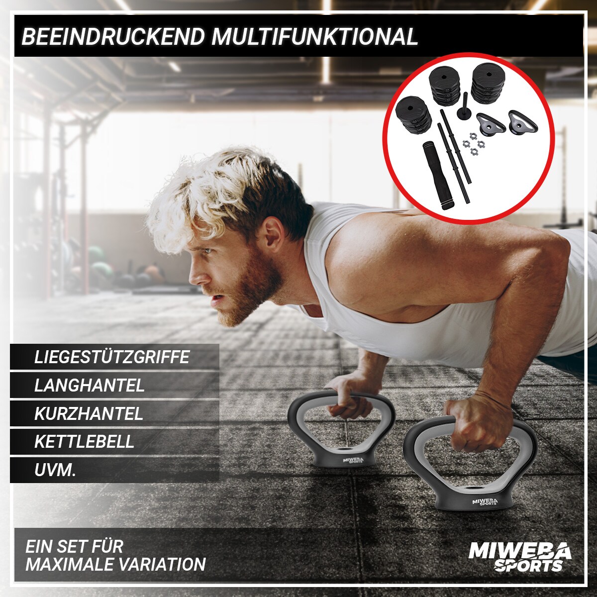 Miweba Sports 6in1-Hantelset, Kurzhanteln-Langhantel-Kettlebell, 25 kg, verstellbar, Sternverschluss