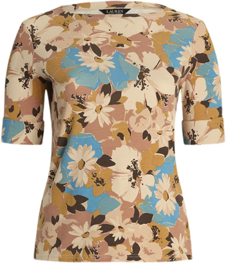Lauren Ralph Lauren RFND STRTCH 1X1 RIB-ELB SLV BT NK T Cream multi