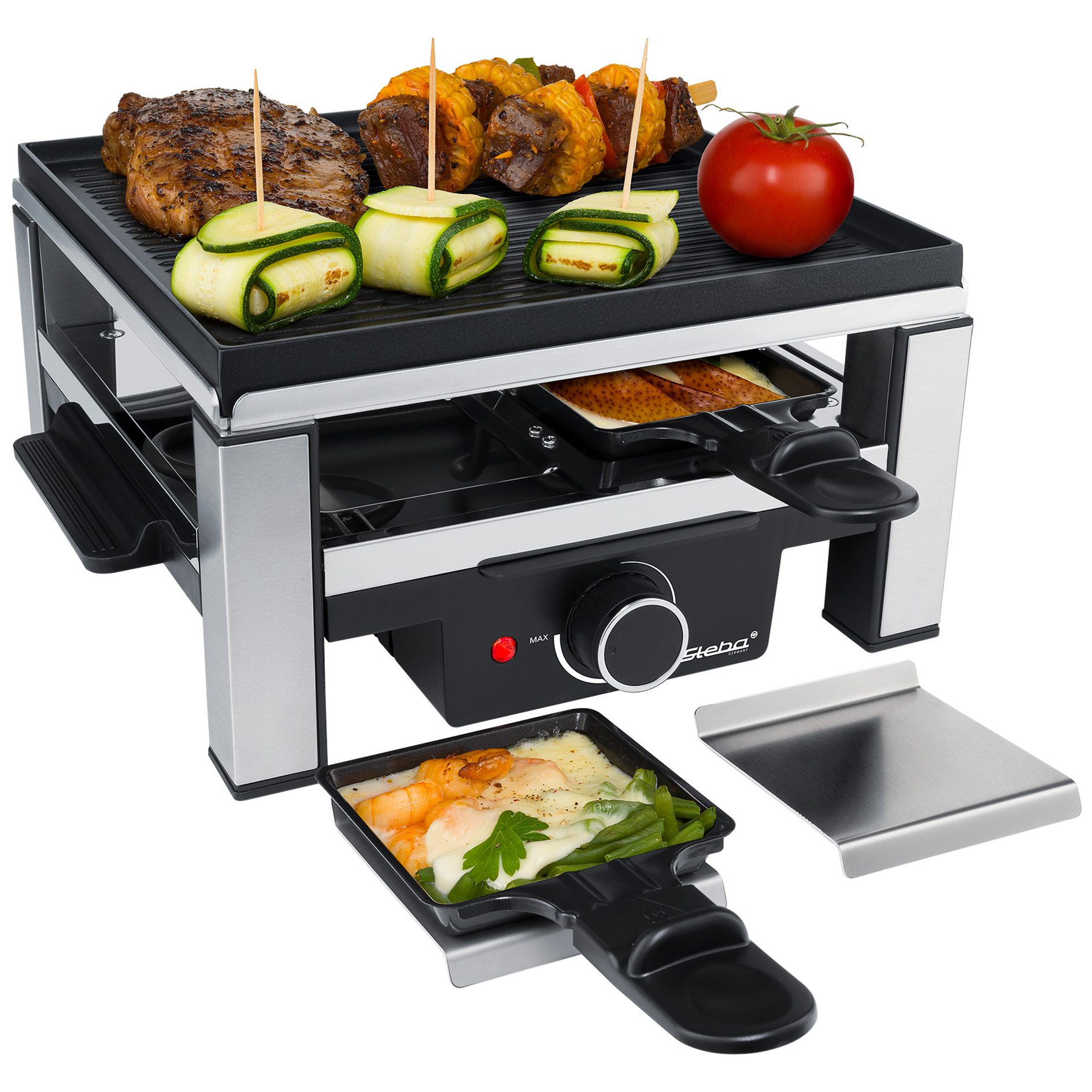 STEBA Guss-Raclette RC 104 - Edelstahl-schwarz - 4 Pfännchen