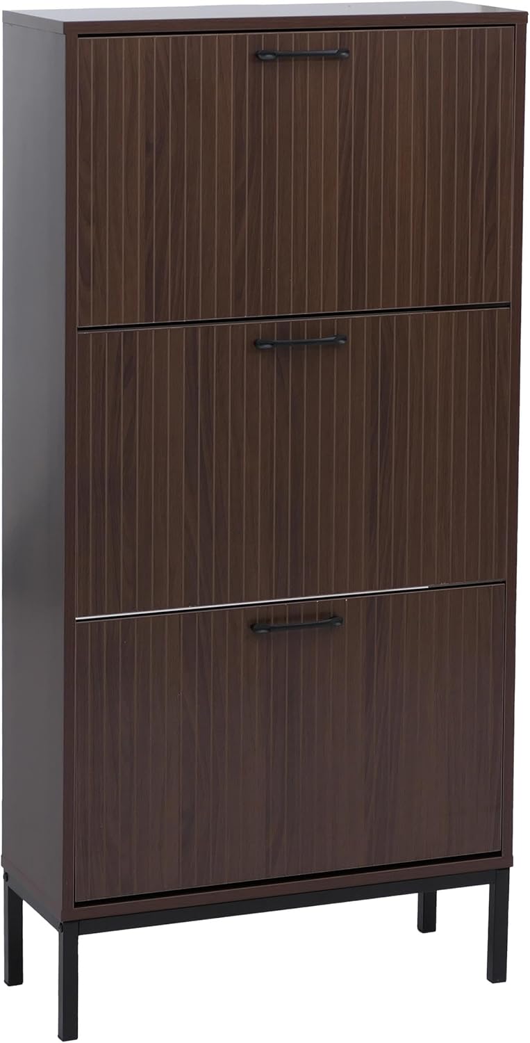 Mendler Schuhkipper HWC-P48, Schuhregal Schuhschrank, 3 Kippfächer Ablage MDF Melamin 125x60x25cm - Walnuss-Optik