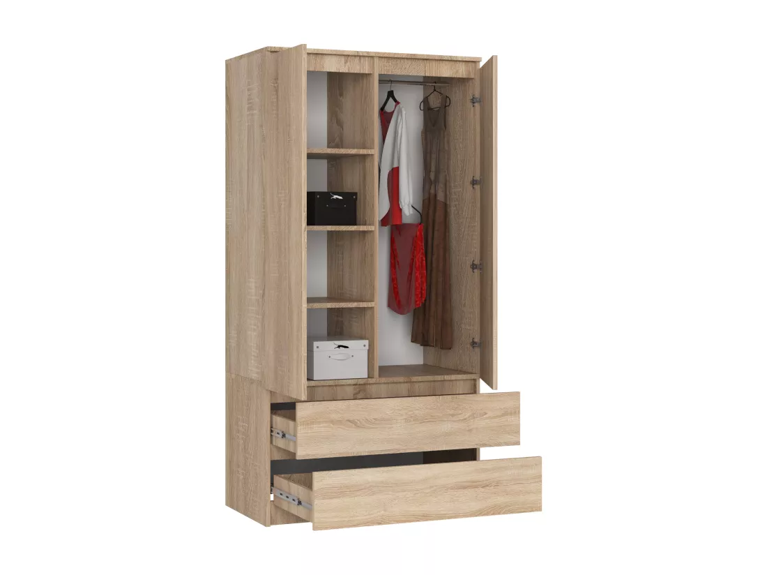 Armoire AKORD S90 Chêne Sonoma 90 cm 2 portes 2 tiroirs façade Chêne Sonoma 4 étagères 90x51x180 cm