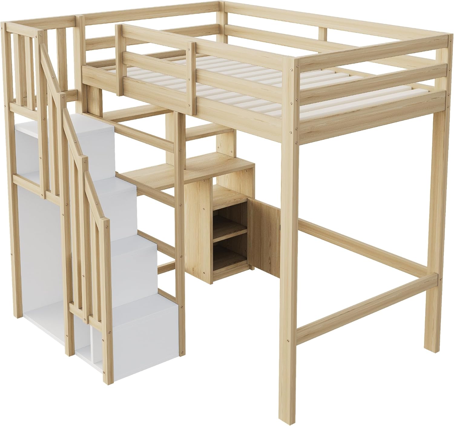 Merax Hochbett 90x200 cm, Massivholzrahmen, mit Arbeitstisch, Regalen & Schränken, sicherer Stauraum-Treppe, platzsparendes Jugendbett/Kinderbett, Holzfarbe (ohne Matratze)