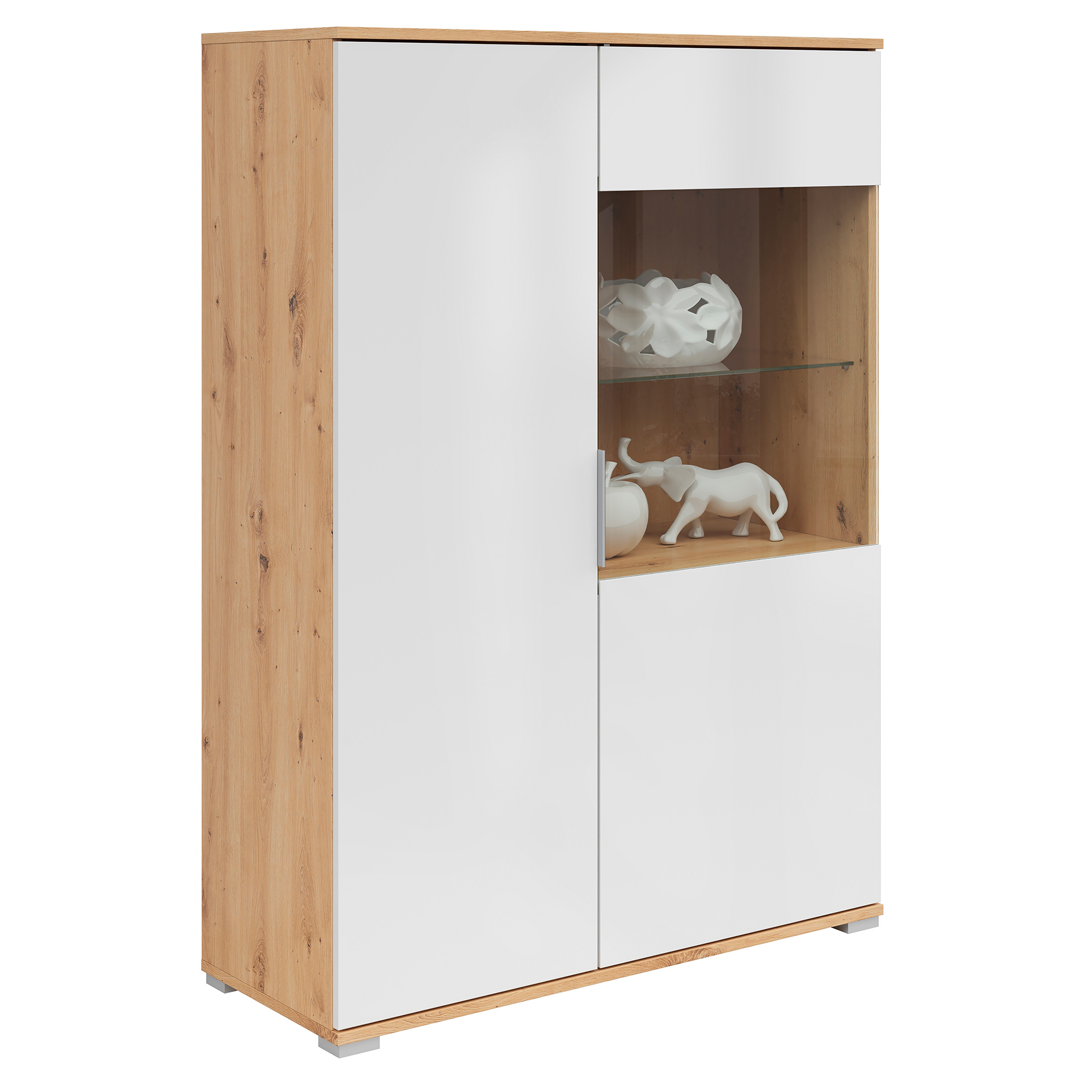 Highboardvitrine - weiß Glanz - Artisan Eiche - 90 cm breit