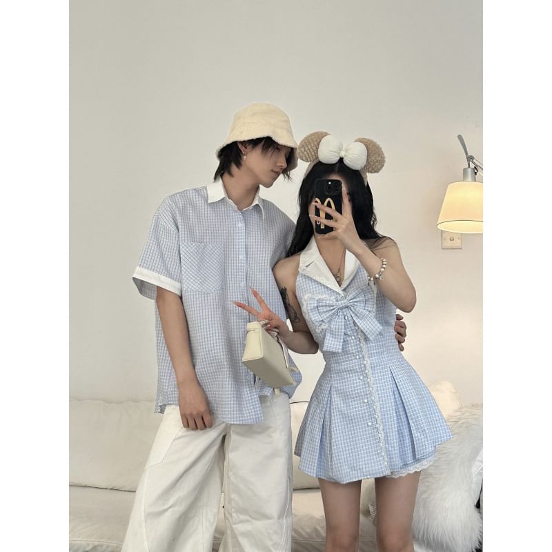 Azure - Koppel bijpassende halternek reverskraag geruite strik accent kant trim knoopjes mini A-lijn jurk / onder shorts / shirt met elleboogmouwen / set