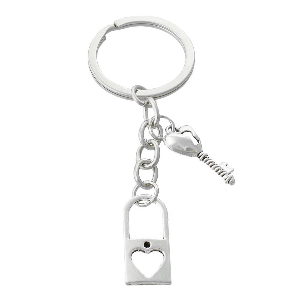 Porte-clés cadenas et clé coeur argenté