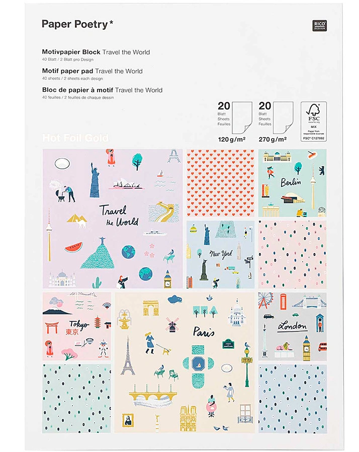 Motivpapier-Block TRAVEL THE WORLD 40 Blatt in natur