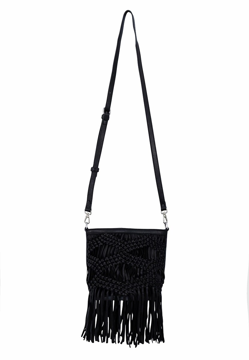 Bolsa tipo saco IKKS com alça de ombro, em couro trançado com franjas.