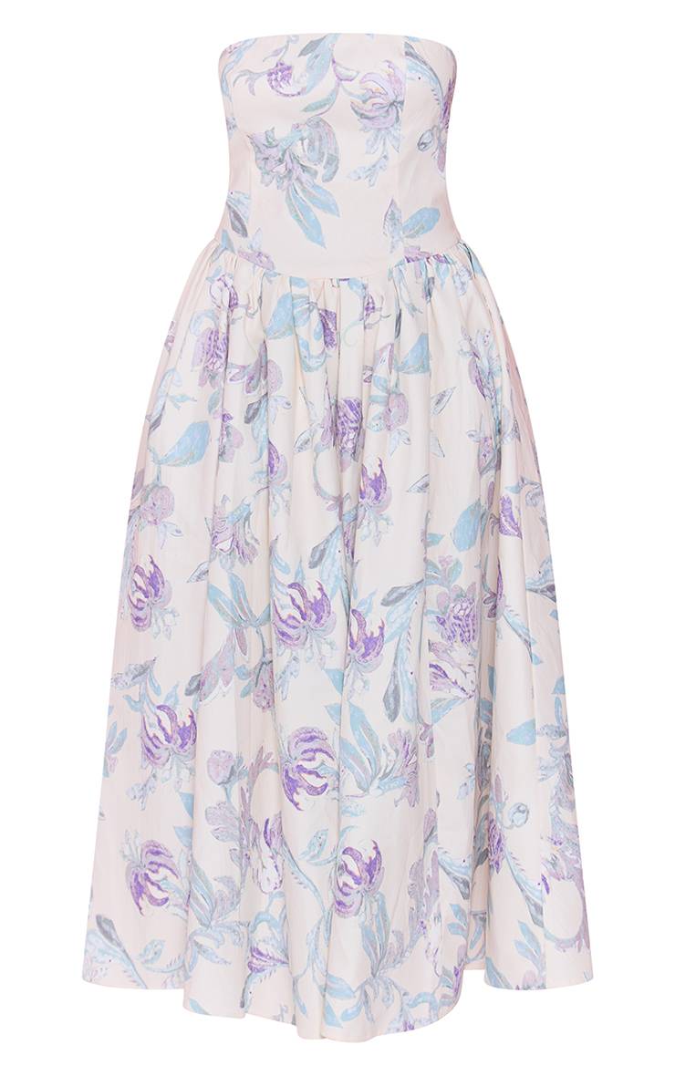 Lilas Robe Patineuse Mi-longue Bandeau Froncée En Tissu Tissé À Imprimé Floral