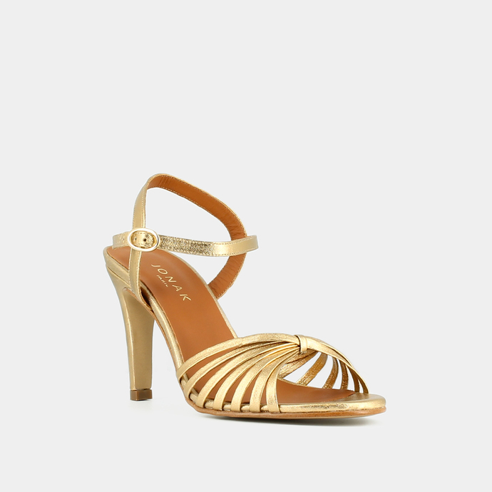 Sandales à brides croisées et bouts ouverts  en cuir métallisé or