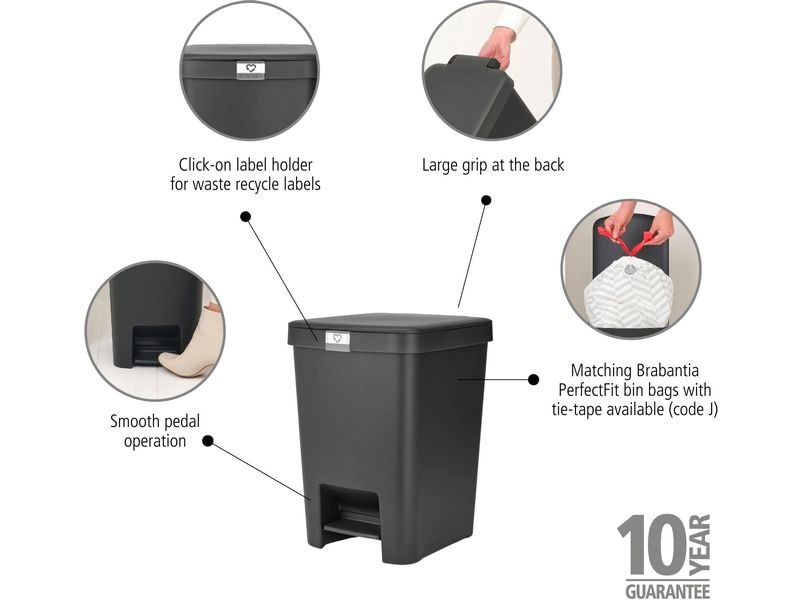 Brabantia Recyclingbehälter StepUp 25 l, Dunkelgrau Treteimer für Recycling Materialien