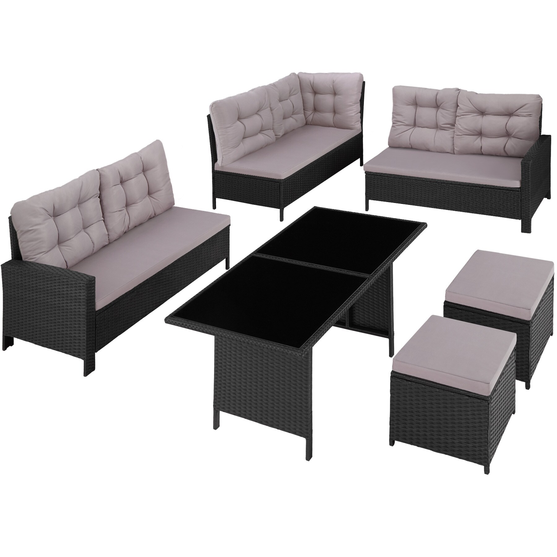 tectake® Rattan Lounge, für 6 bis 8 Personen, UV-beständig, mit Sicherheitsglasplatten