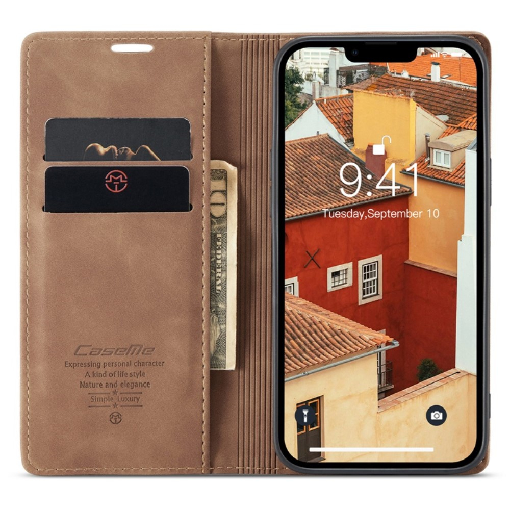 iPhone 14 Leder Tasche Flip Wallet Etui mit Kartenfächern - Hellbraun