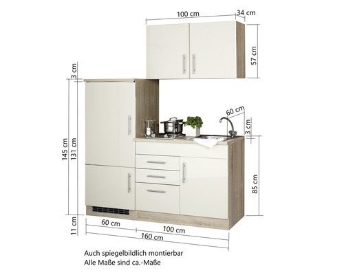 Held Furniture Enkele keuken met apparatuur Toronto 160 cm crème hoogglans gedemonteerd 909.6509