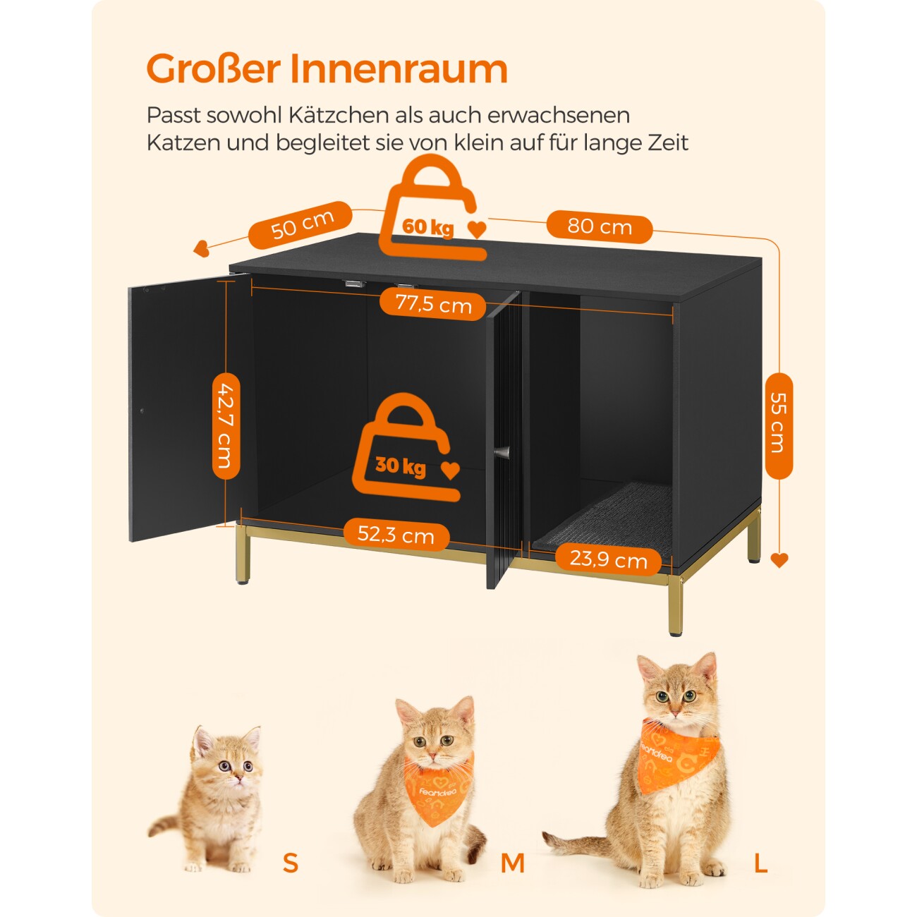 FEANDREA Katzenklo-Schrank Katzenhaus mit Kratzmatte schwarz