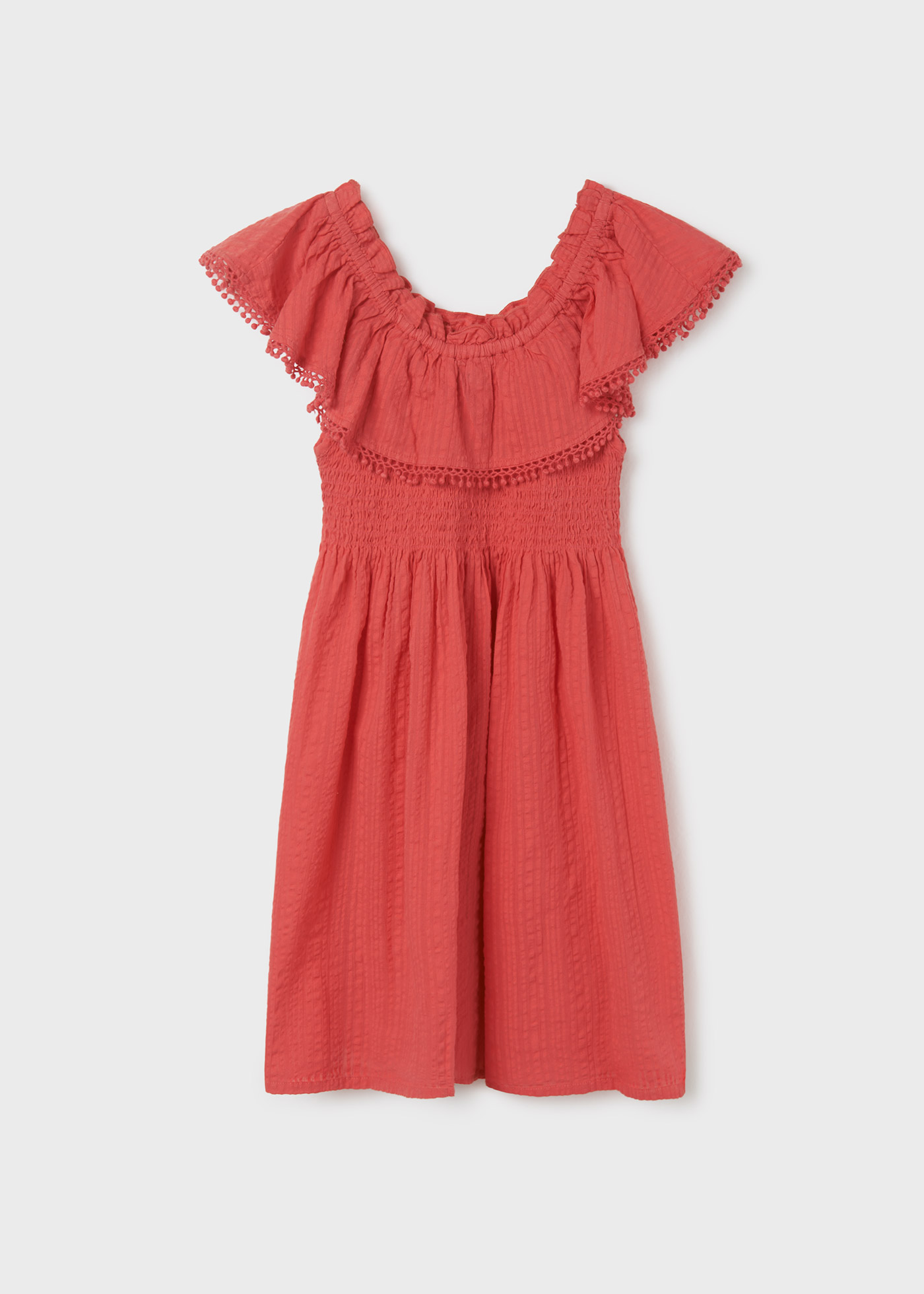 Vestido infantil de algodão com babados e detalhes franzidos