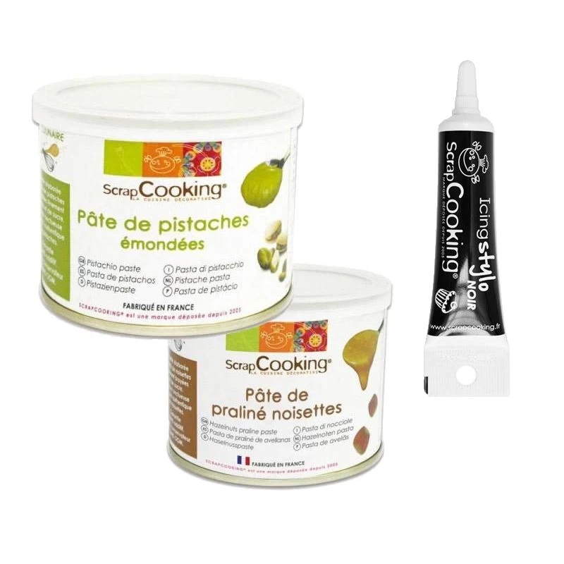 Pâte de pistache 200 g + pâte de noisette 200 g + Stylo glaçage noir S