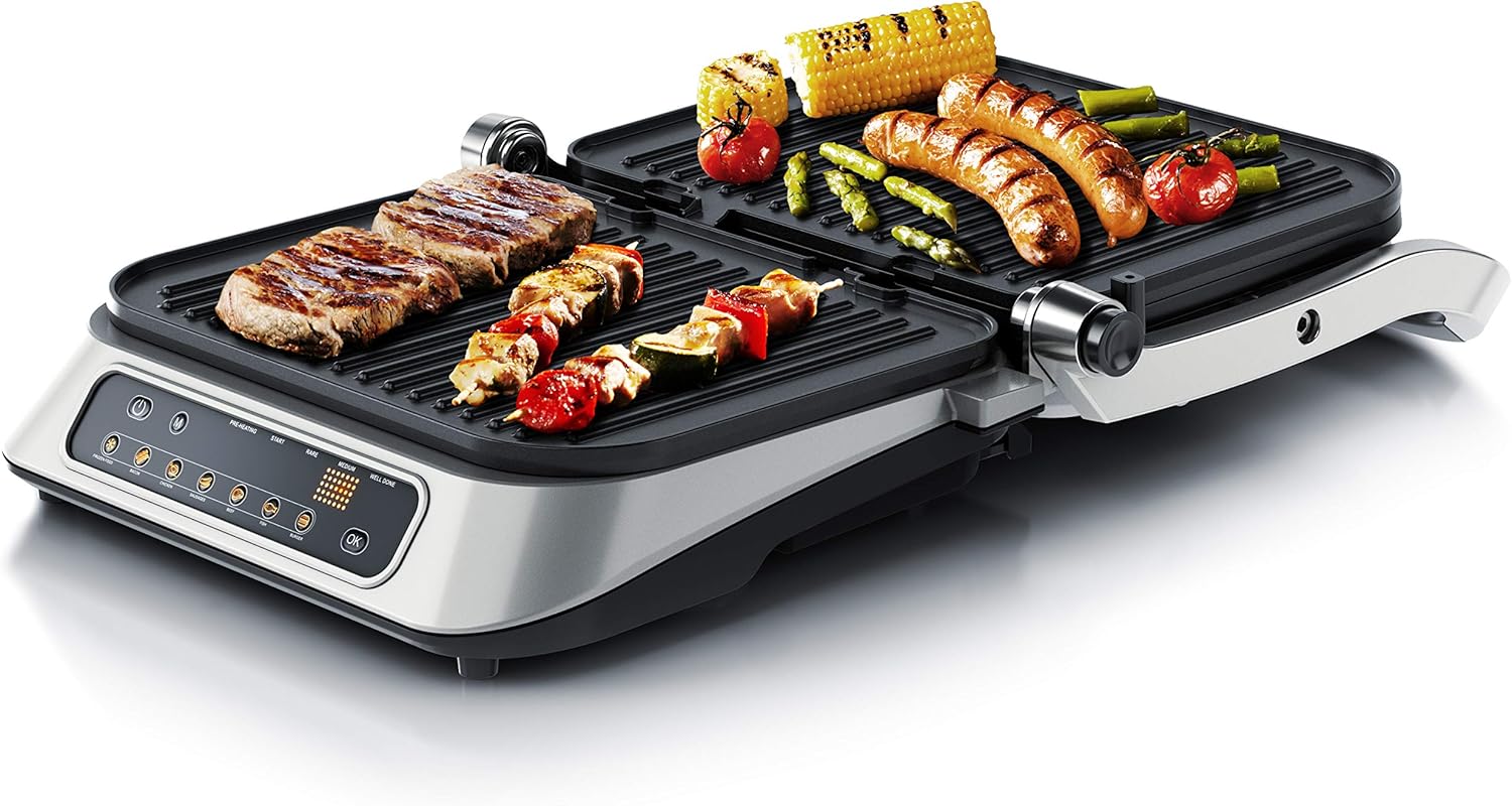 Arendo - Kontaktgrill Elektrogrill - elektrischer Tischgrill - Sandwichmaker - Multi Grill mit Digitalsteuerung 1900 W - 7 Programme - Leicht Reinigung durch abnehmbare Platten - Edelstahl