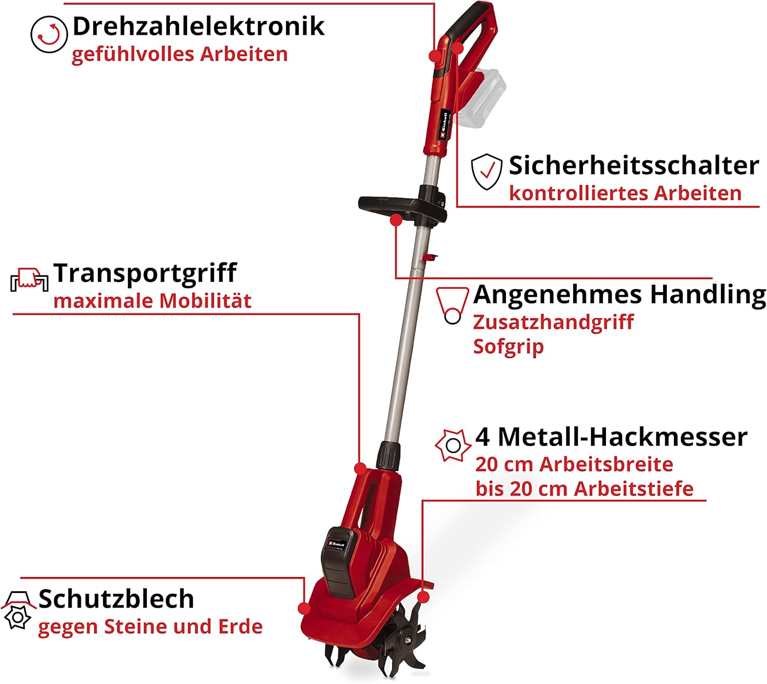 Einhell Akku-Bodenhacke GE-CR 18/20 Li E Power X-Change (18 V, Li-Ion, elektronische Drehzahlregulierung, 4 Hackmesser, Zusatzhandgriff, inkl. 4,0 Ah Akku und Ladegerät)