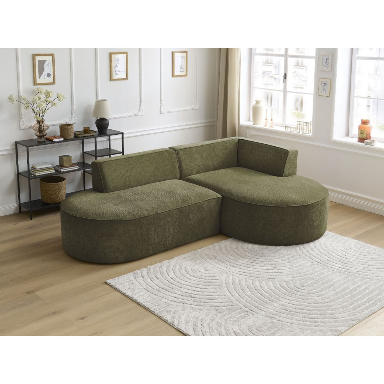 Bobochic Canapé d'angle droit fixe 4 places Rousseau texturé vert - 250x160x72 cm