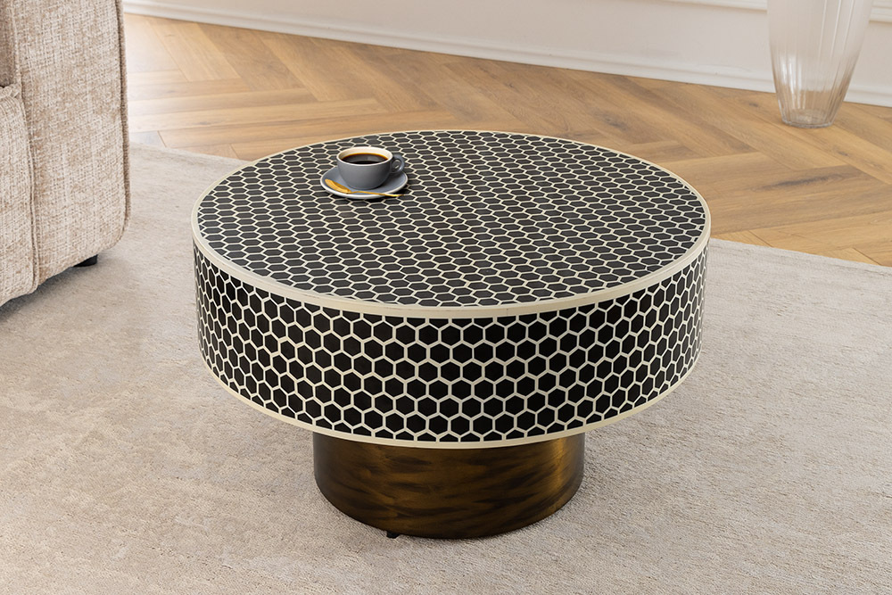 Runder Couchtisch HARMONY NATURE 60cm schwarz weiß gold mit Mosaik