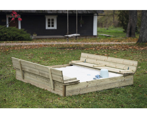 Zandbak met deksel, 160 x 160 x 21 cm, hout, inclusief deksel en bankjes.