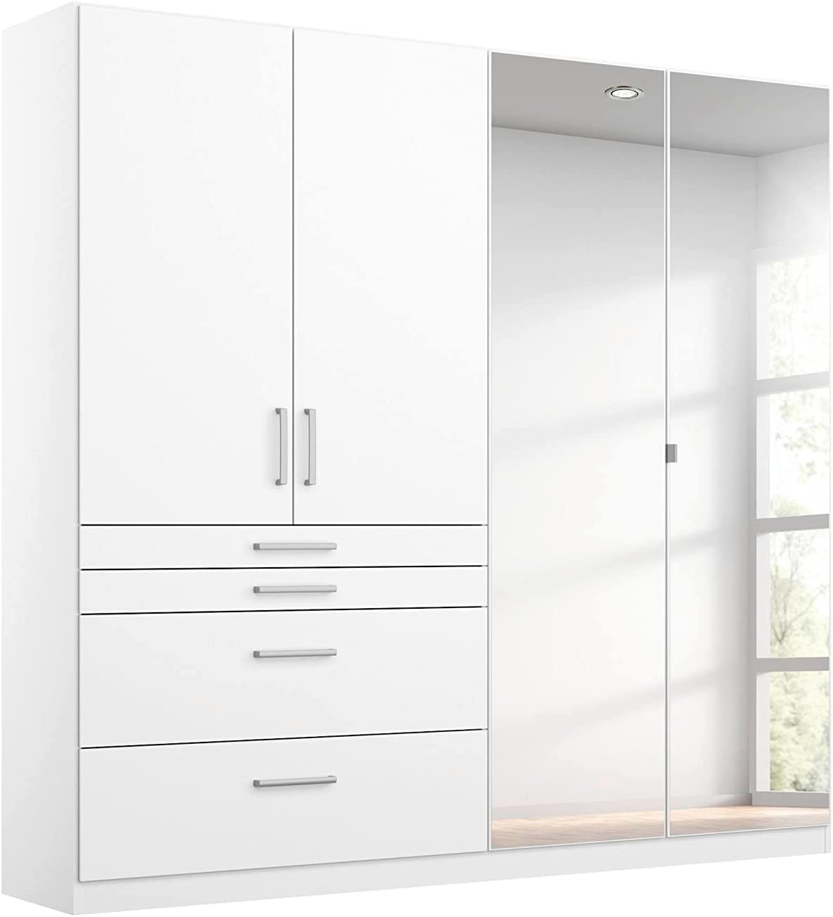 Rauch Möbel Harburg Schrank Kleiderschrank Drehtürenschrank Weiß 4-türig mit Spiegel und 4 Schubladen inklusive Zubehörpaket Basic 3 Einlegeböden, 1 Kleiderstange BxHxT 181x197x54 cm