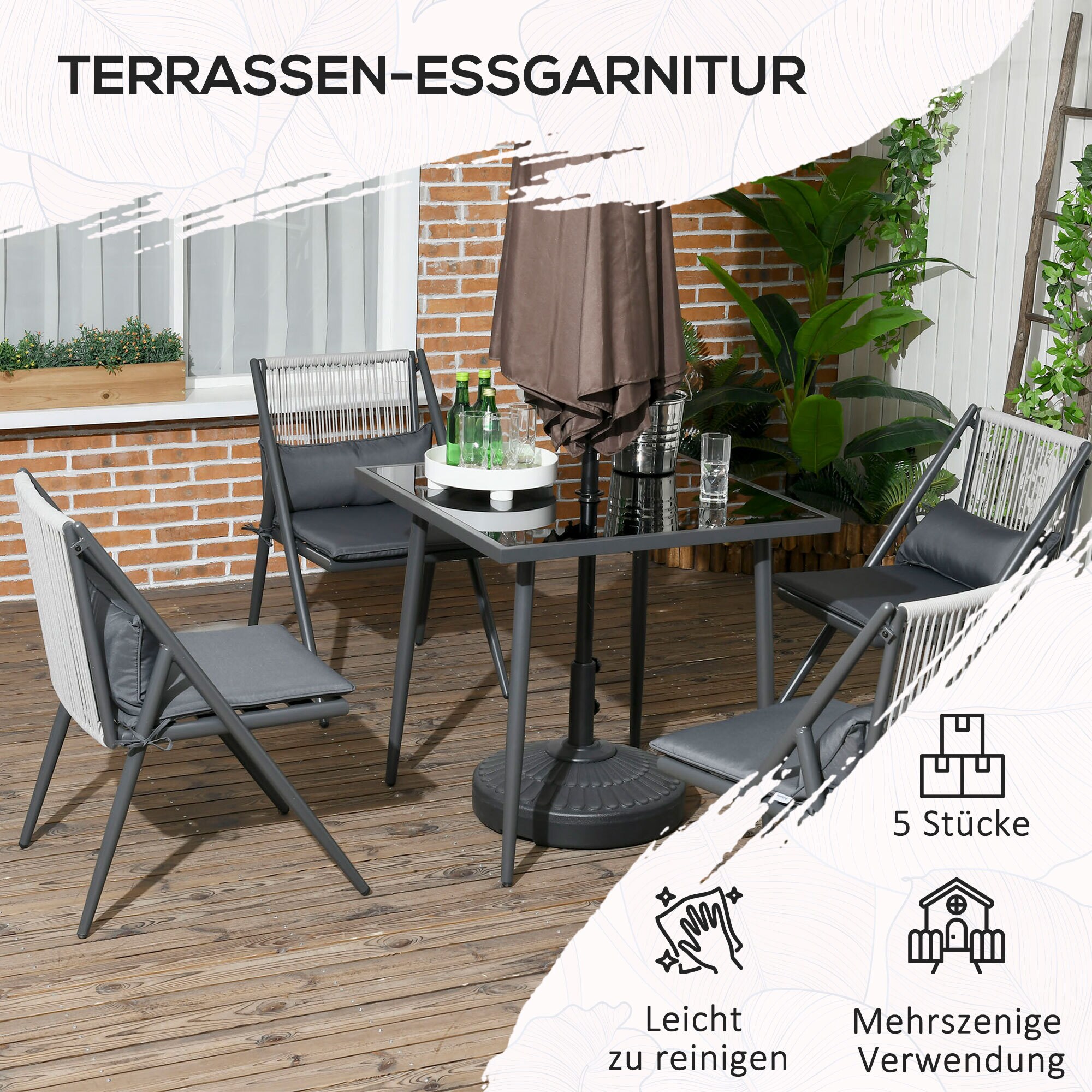 Outsunny Sitzgruppe mit 4 Stühlen grau 80L x 80B x 75H cm